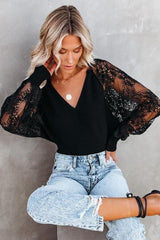 Black V-Neck Lace Patchwork Long Sleeve Backless Knit Pullover Sweater Top Ins street