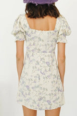 Floral Square Neck Puff Sleeve Mini Dress Ins street