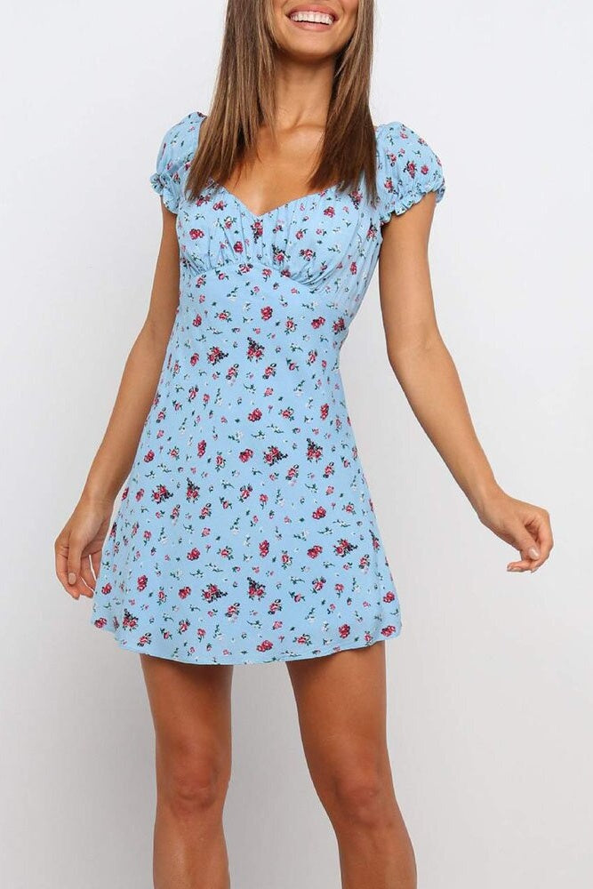 Blue Floral Puff Sleeve Mini Dress Ins street