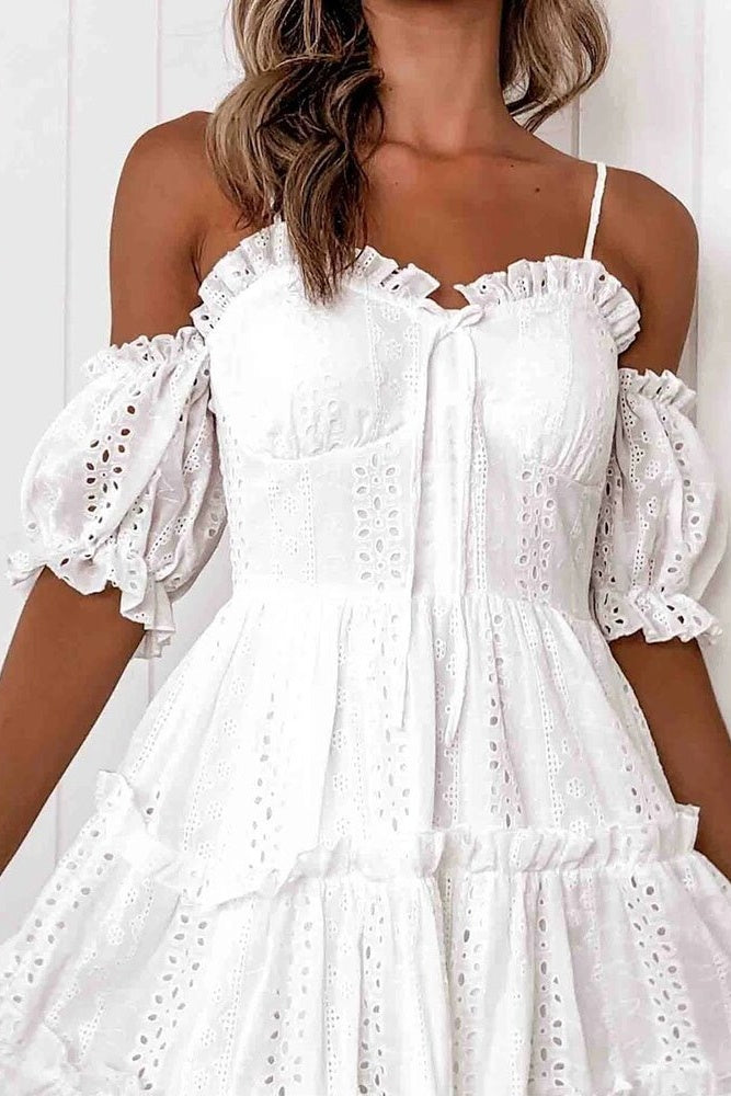 Eyelet Embroidered Ruffle Spaghetti Strap Summer Mini Dress Ins street