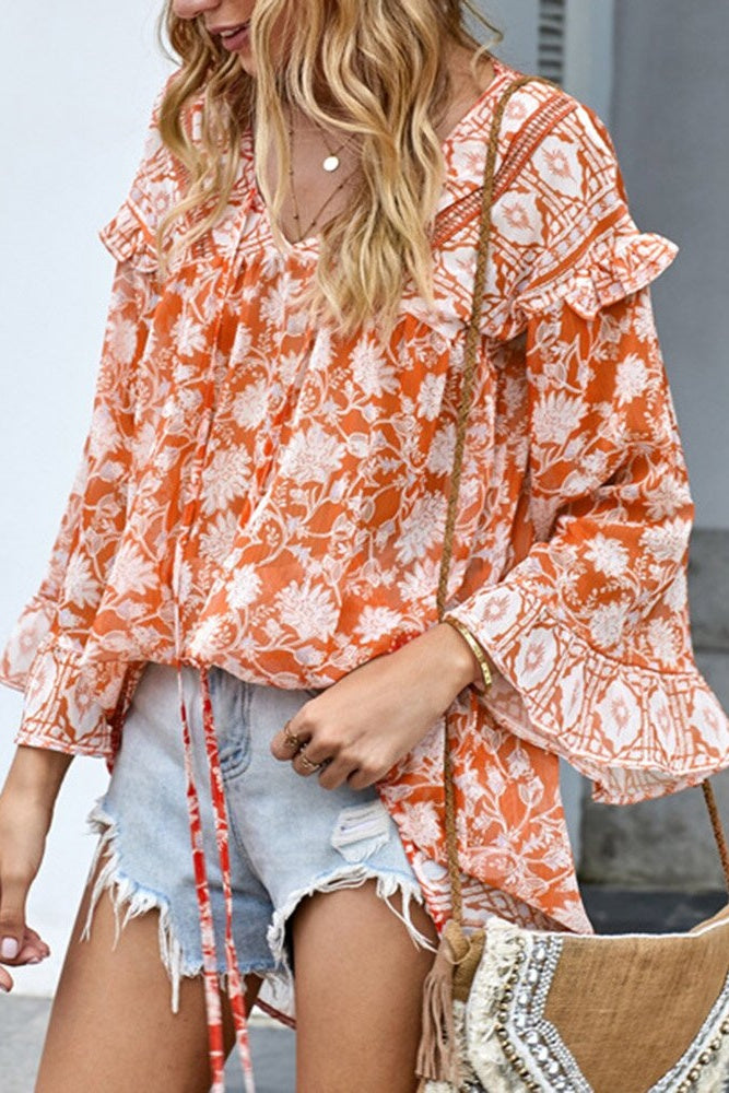 Floral V-Neck Patchwork Nine Points Sleeve Tunic Ins street