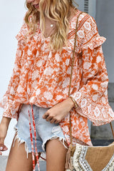 Floral V-Neck Patchwork Nine Points Sleeve Tunic Ins street