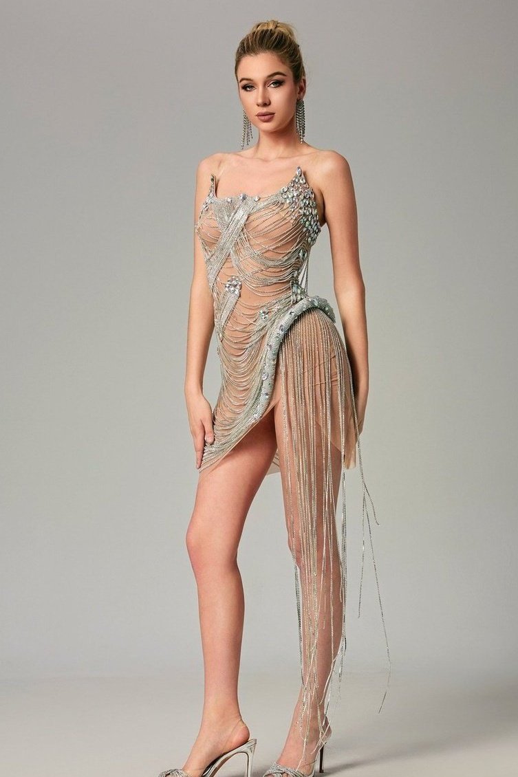 Veena Embellished Diamond Chain Dress Ins Street