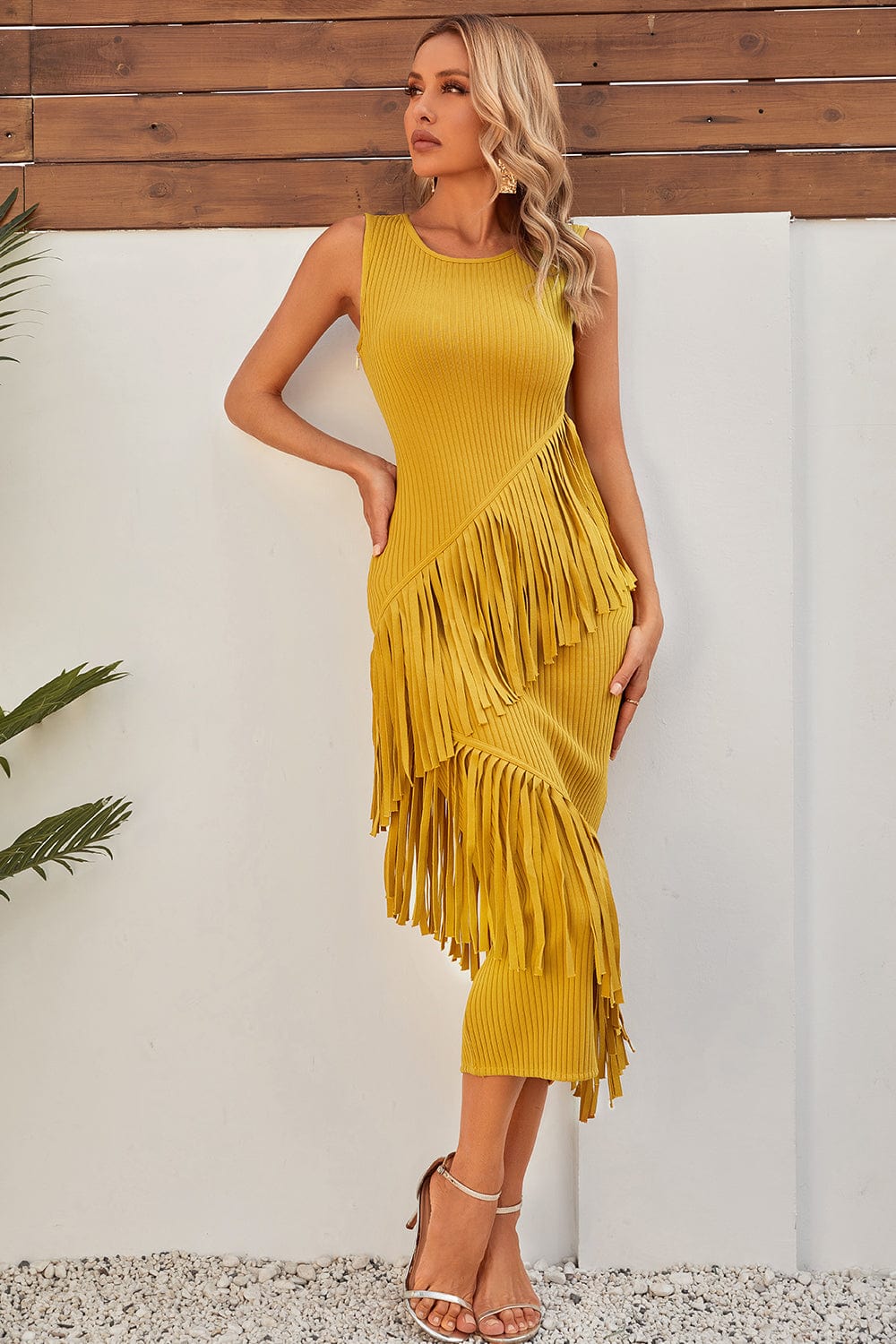 Marie Yellow Fringe Midi Bandage Dress Ins Street