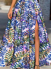 Leaf Print Deep V Neck Slit Sling Dress ins