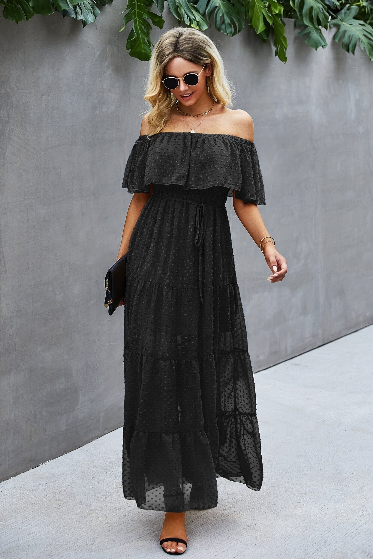 Swiss Dot Off-Shoulder Maxi Dress Ins street