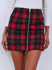 Zipper Plaid Mini Bodycon Skirt Ins street