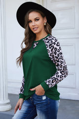 Leopard Raglan Sleeve Round Neck Top Ins Street