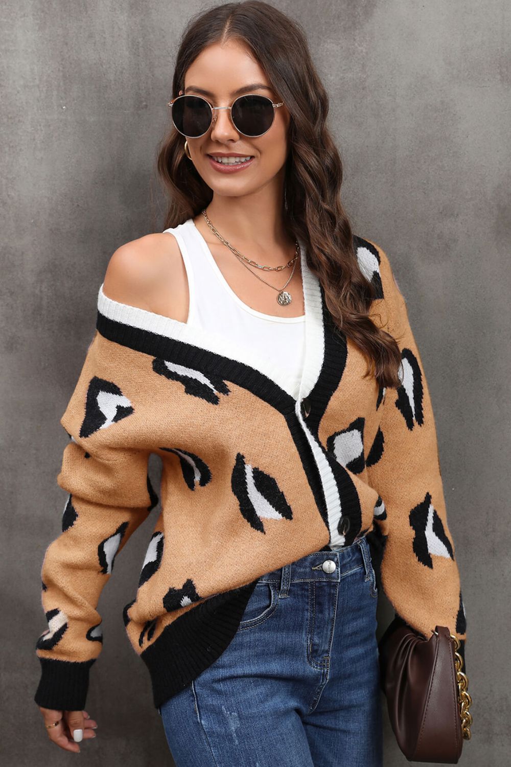 Leopard Ribbed Trim Drop Shoulder Cardigan Ins Street
