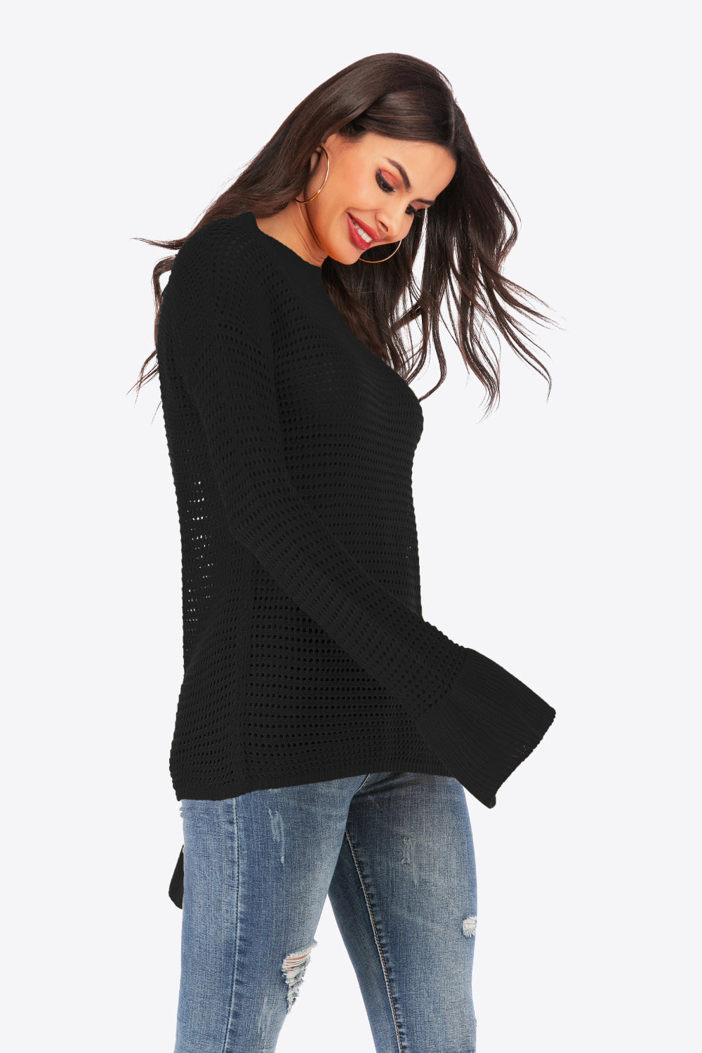 Openwork Flare Sleeve Round Neck Sweater Ins Street