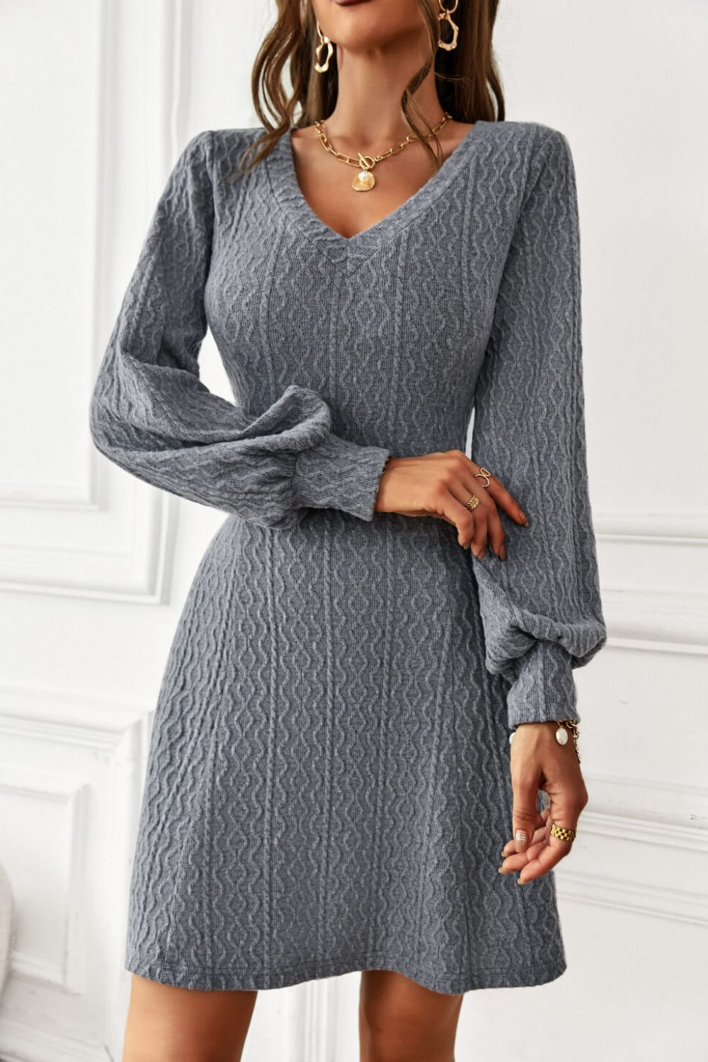 Lantern Sleeve V-Neck Textured Knit Dress Ins Street