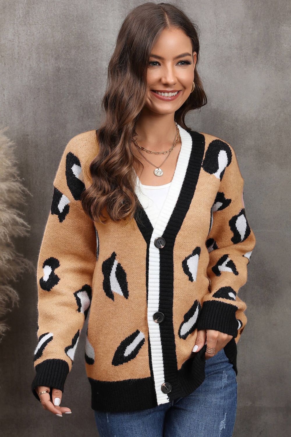 Leopard Ribbed Trim Drop Shoulder Cardigan Ins Street