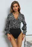 Leopard Print Tie Cuff Spliced Bodysuit Ins Street