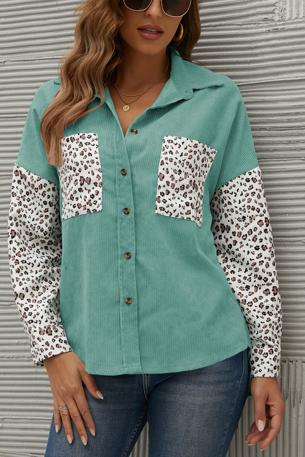 Leopard Splicing Button Front Corduroy Blouse Ins Street