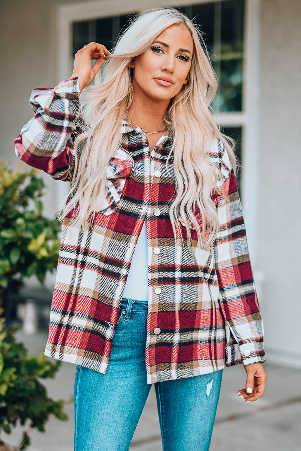 Plaid Button Front Shirt Jacket with Breast Pockets Ins Street