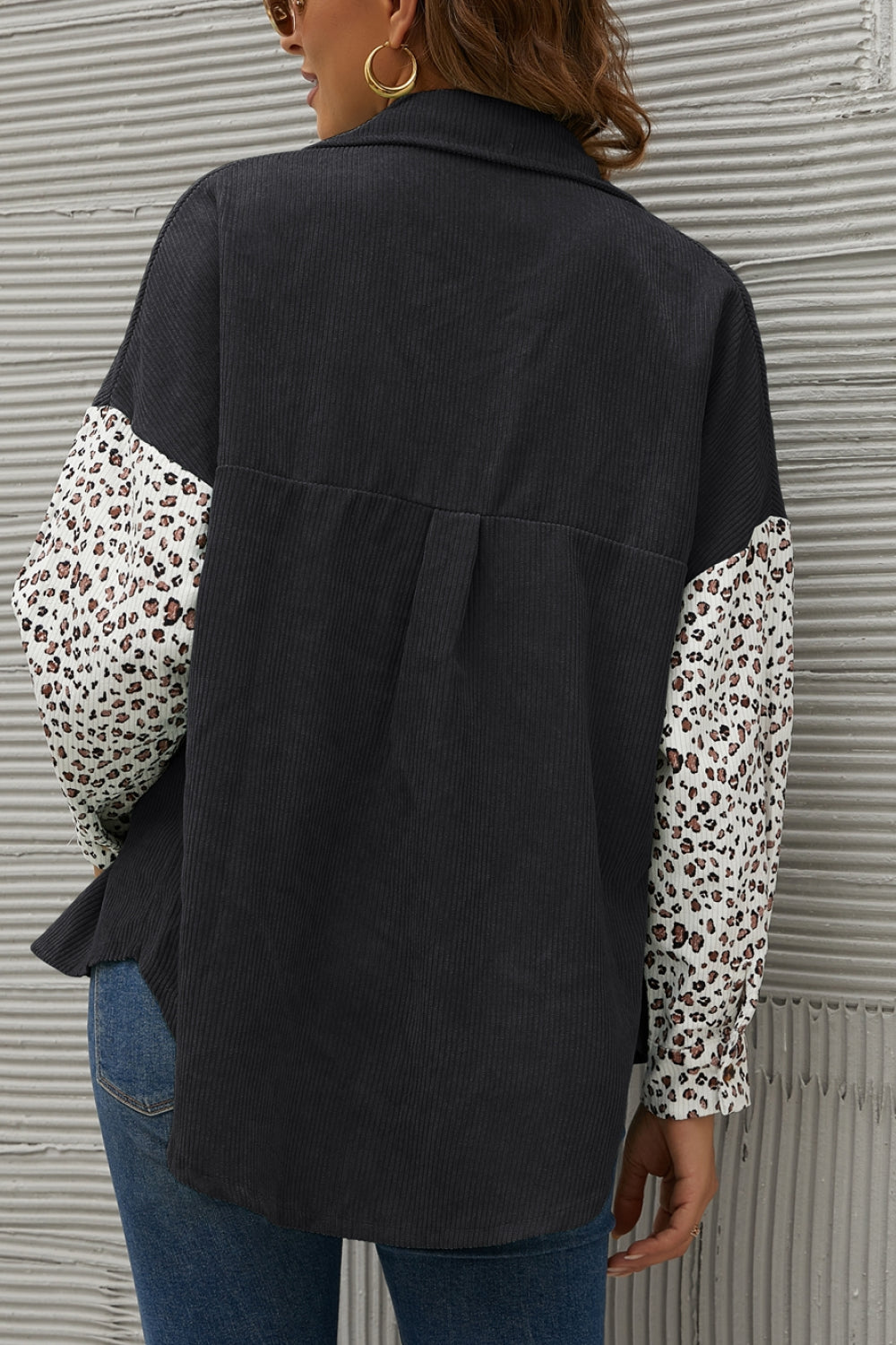 Leopard Splicing Button Front Corduroy Blouse Ins Street