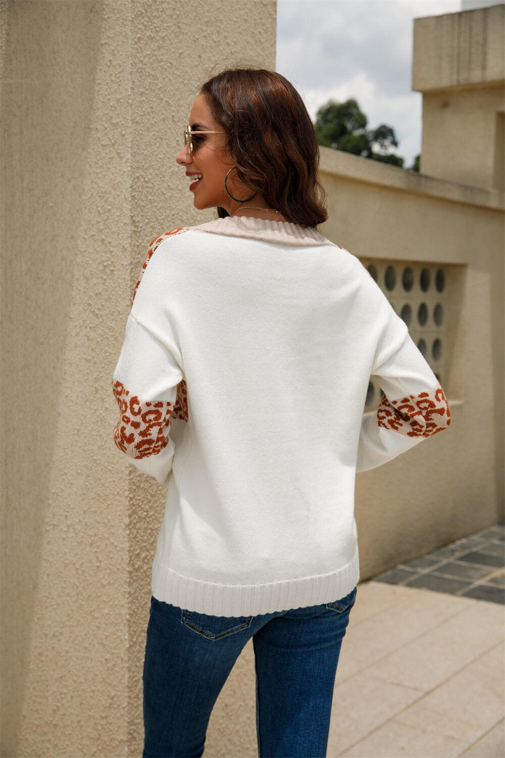 Leopard Color Block V-Neck Knit Pullover Ins Street