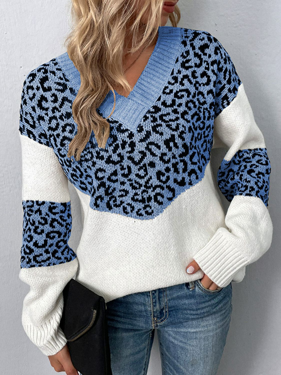 Leopard Color Block V-Neck Ribbed Trim Sweater Ins Street