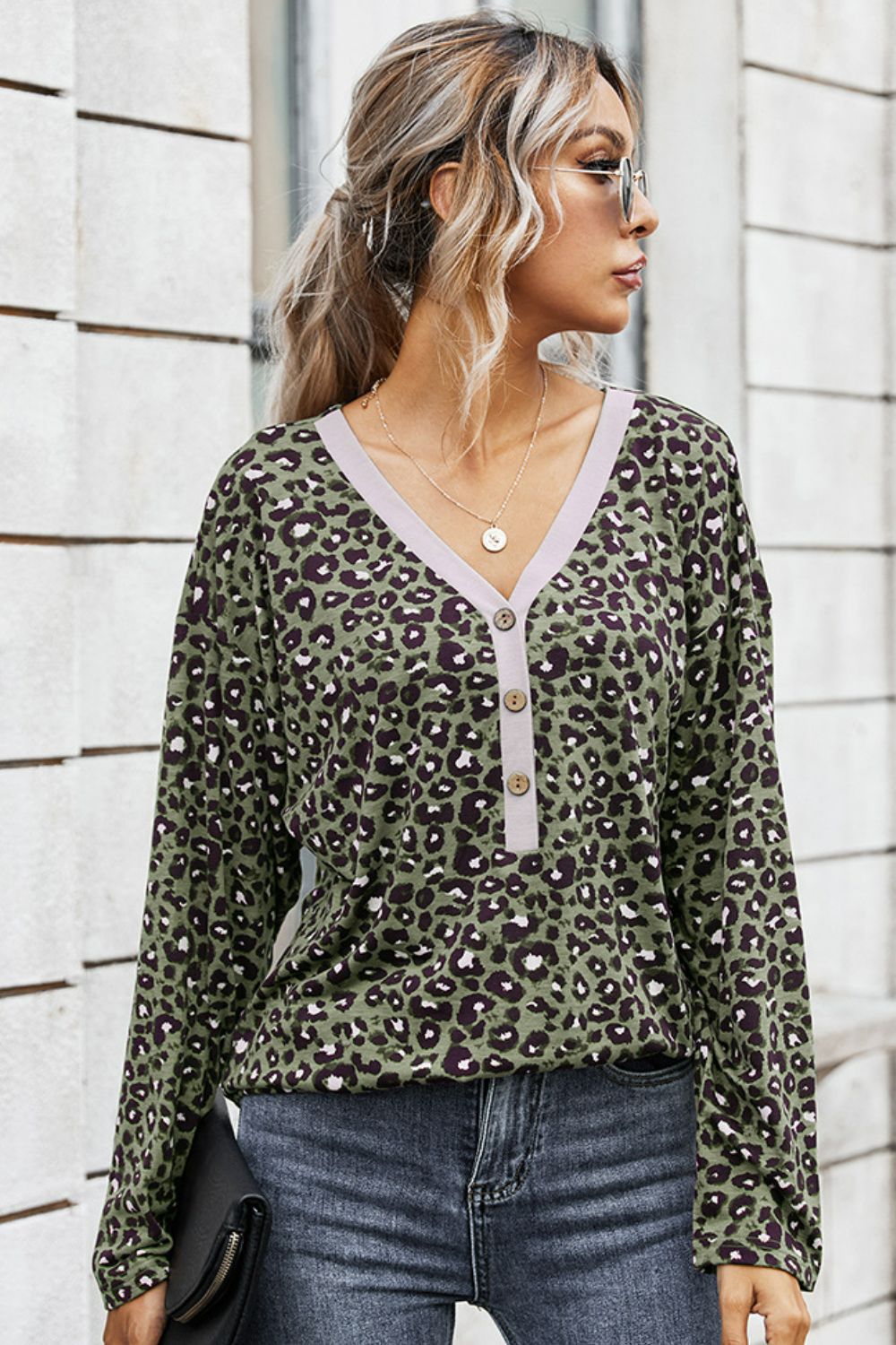 Leopard Buttoned Contrast Trim Top Ins Street