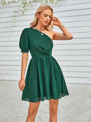 One-Shoulder Puff Sleeve A-Line Dress Ins Street