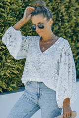 Lace Balloon Sleeve V-Neck Tunic Blouse Ins Street