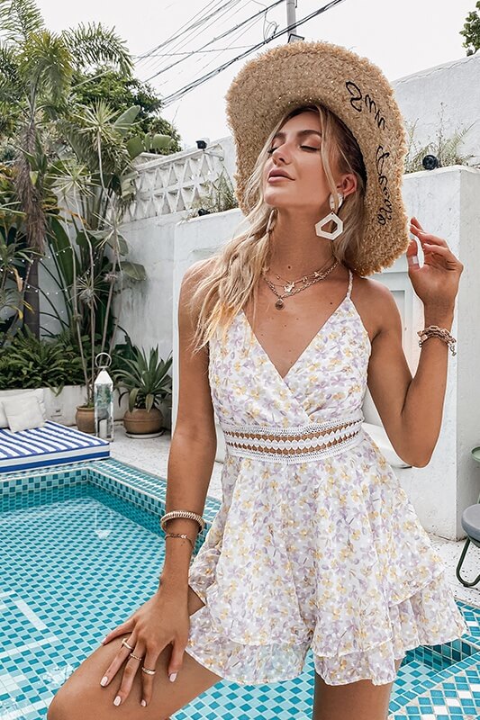 Floral Spaghetti Strap Playsuit Ins street