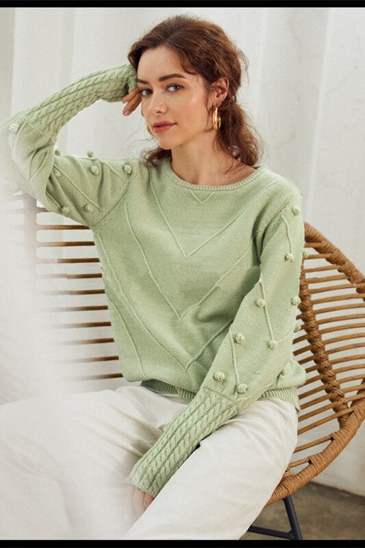 Light Green Long Sleeve Pom-Pom Knit Sweater Ins street