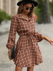 Plaid Drawstring Waist Button Front Shirt Dress Ins Street