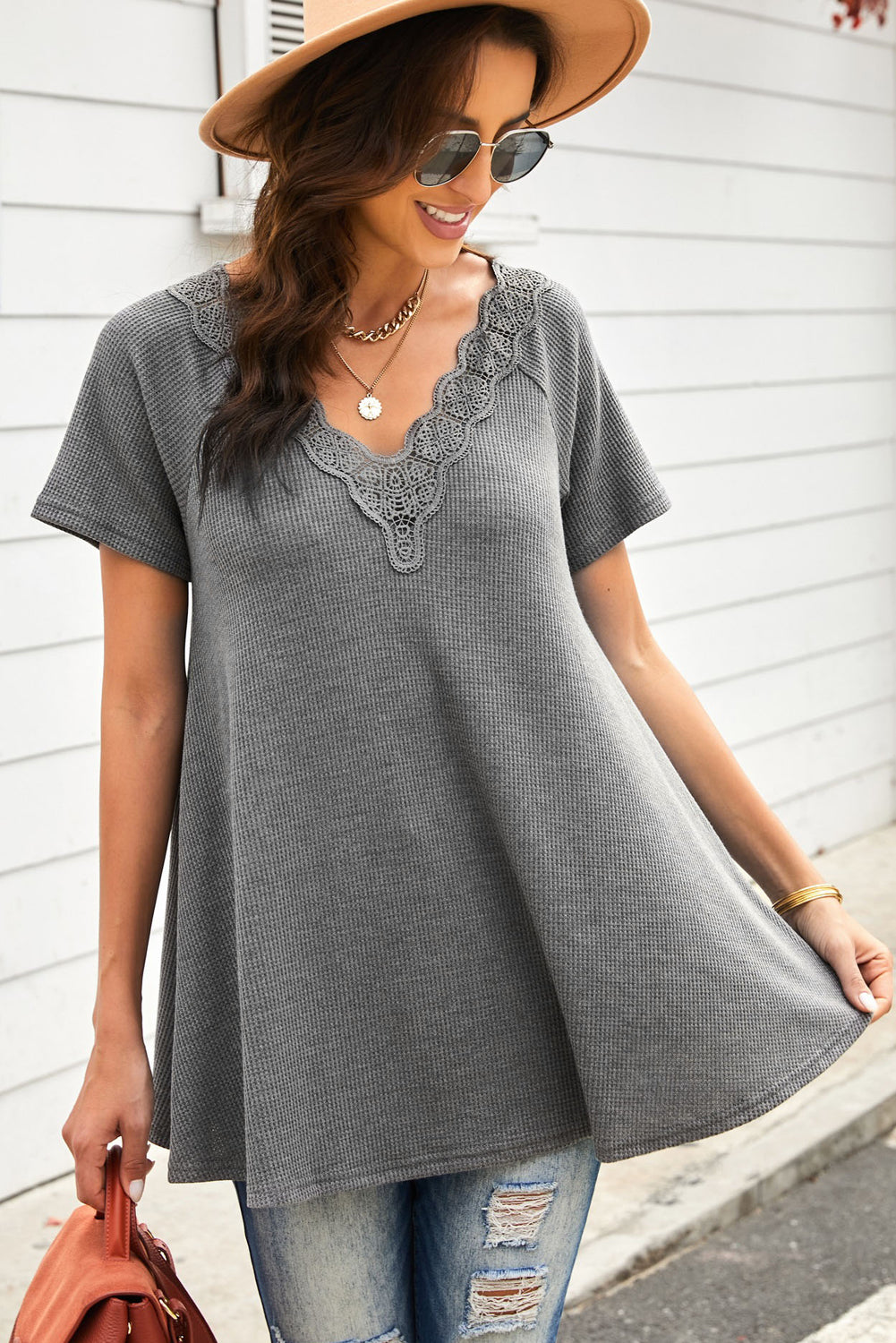 Lace Trim Waffle-Knit V-Neck Top Ins Street