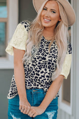 Leopard Print Lace Sleeve Round Neck Tee Ins Street