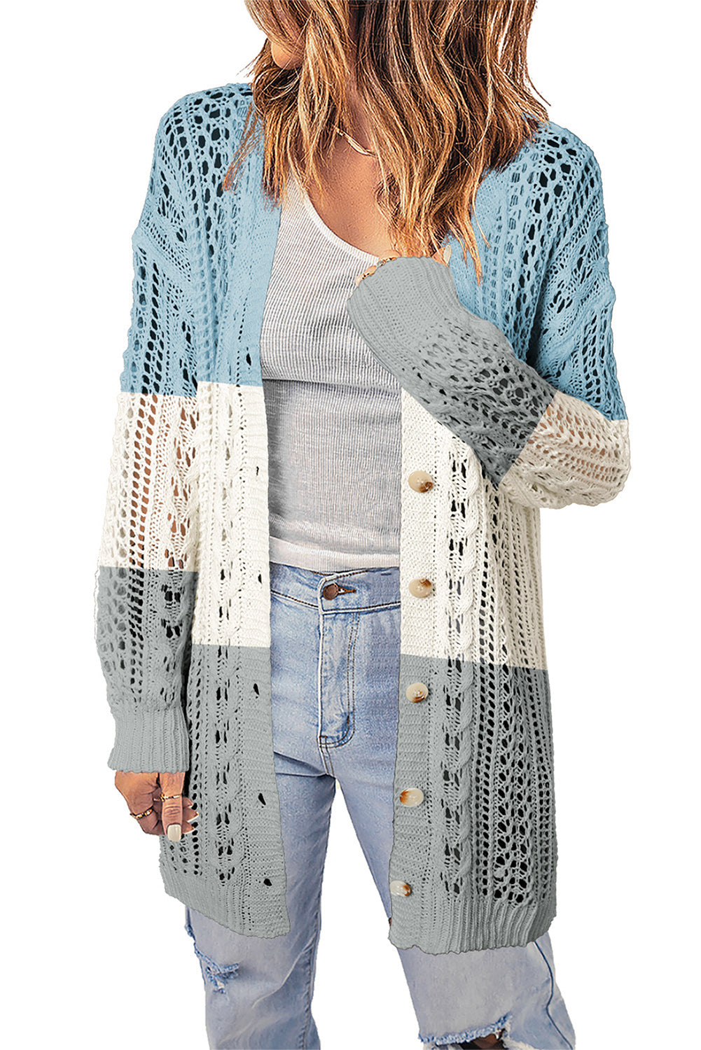 Openwork Ribbed Cuff Longline Cardigan Ins Street