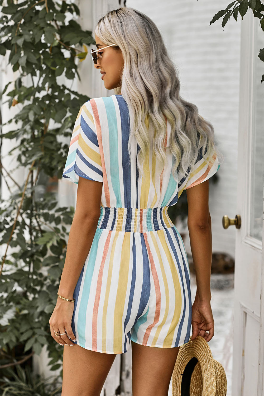 Multicolored Stripe V-Neck Smocked Waist Romper Ins Street