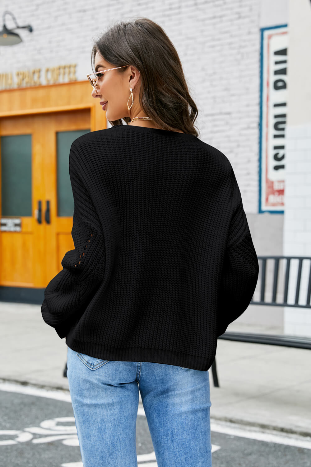 Openwork V-Neck Dropped Shoulder Sweater Ins Street