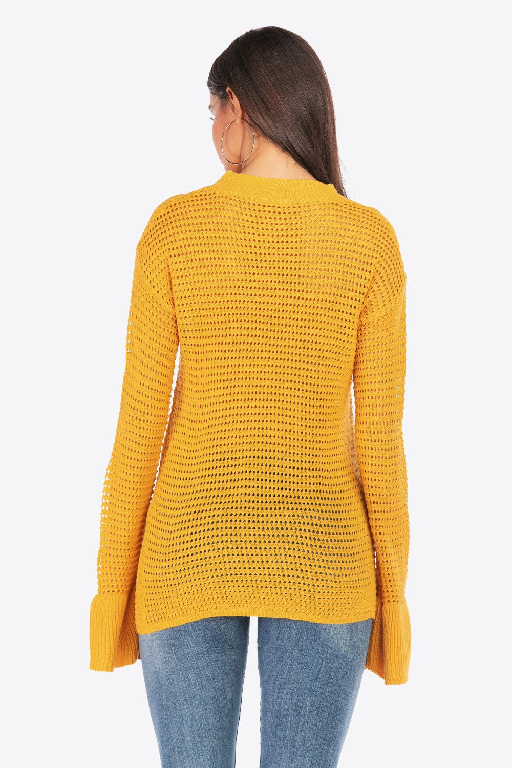 Openwork Flare Sleeve Round Neck Sweater Ins Street