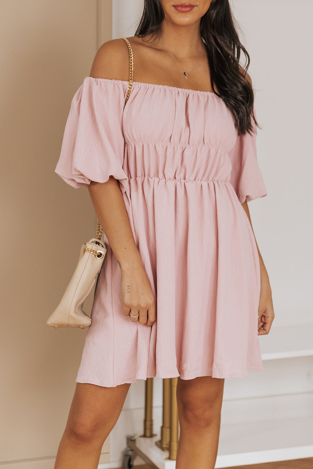 Off-Shoulder Balloon Sleeve Mini Dress Ins Street