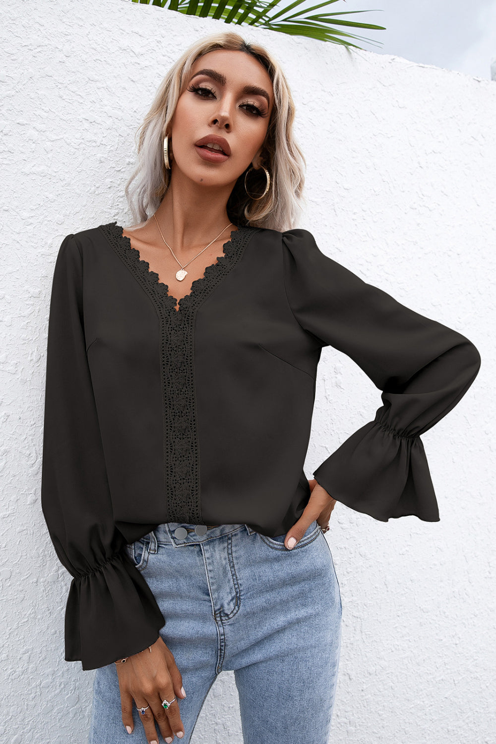 Lace Trim Flounce Sleeve Blouse Ins Street