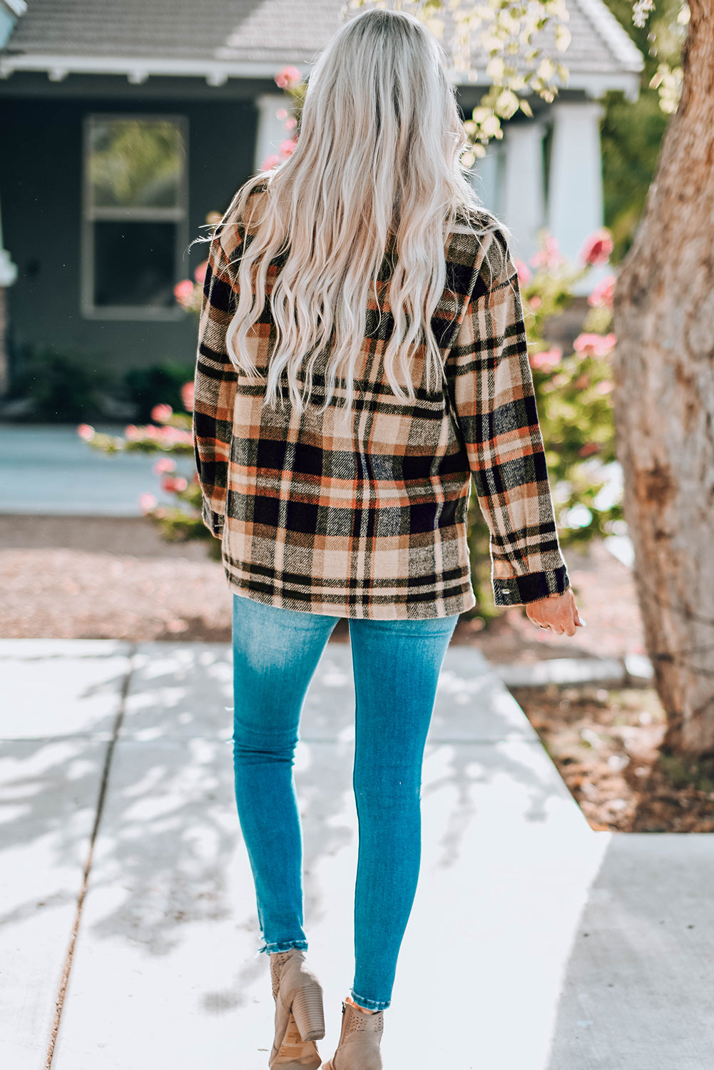 Plaid Button Front Shirt Jacket with Breast Pockets Ins Street
