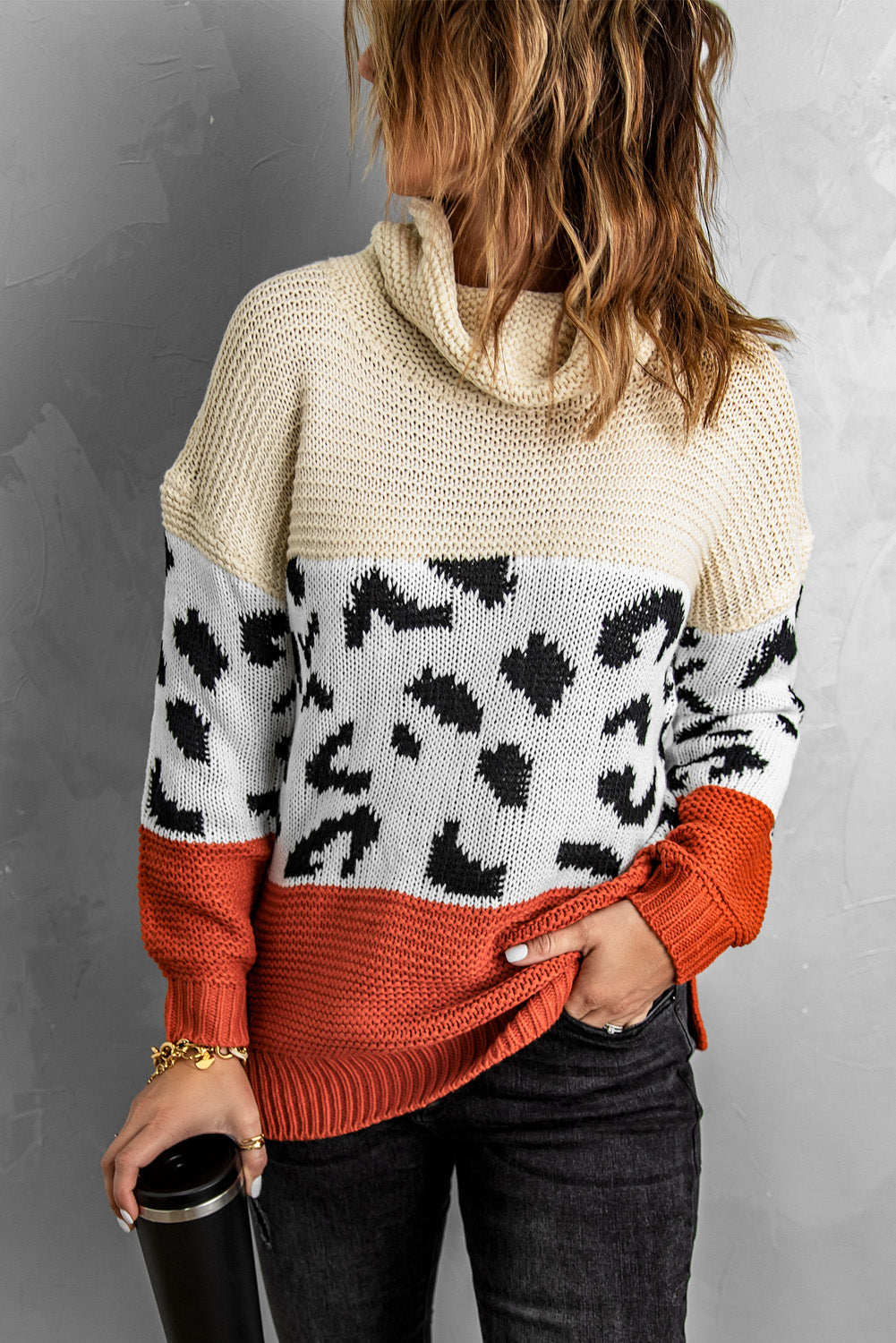 Patterned Color Block Turtleneck Sweater Ins Street