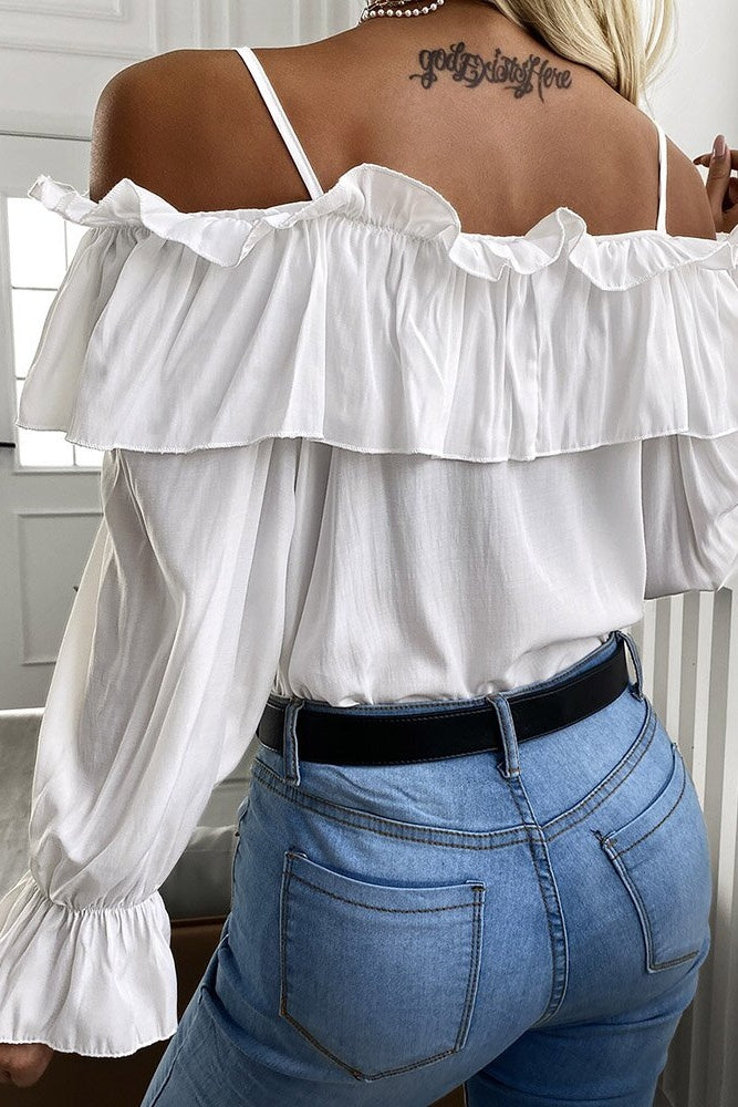 White Cold Shoulder Pleated Ruffle Bell Sleeve Blouse Ins street