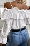 White Cold Shoulder Pleated Ruffle Bell Sleeve Blouse Ins street