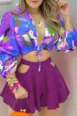 Colorblock Lantern Sleeve Top & Skirt Two-Piece Set Ins street