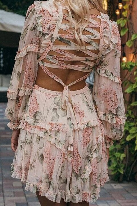 Floral Long Sleeve Ruffle Lace-Up Back Mini Dress Ins street