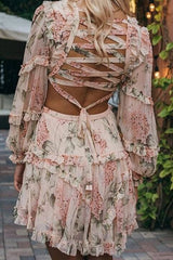 Floral Long Sleeve Ruffle Lace-Up Back Mini Dress Ins street
