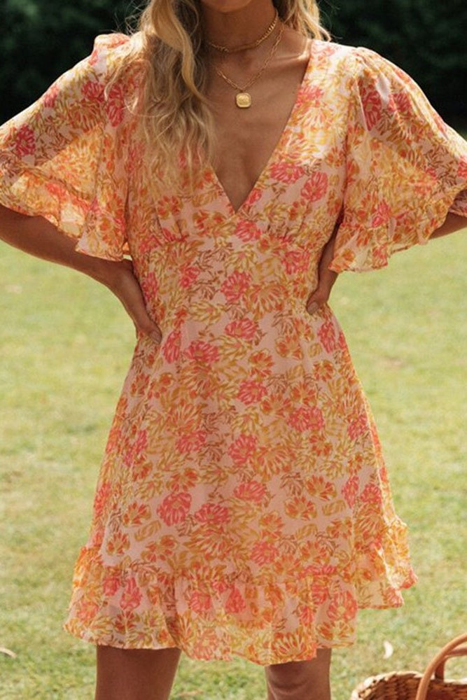Orange Floral Flare Sleeves Open Back Mini Dress Ins street