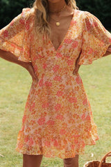 Orange Floral Flare Sleeves Open Back Mini Dress Ins street