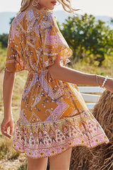Multicolor V-Neck Flare Sleeve High Waist Knot Dress Ins street