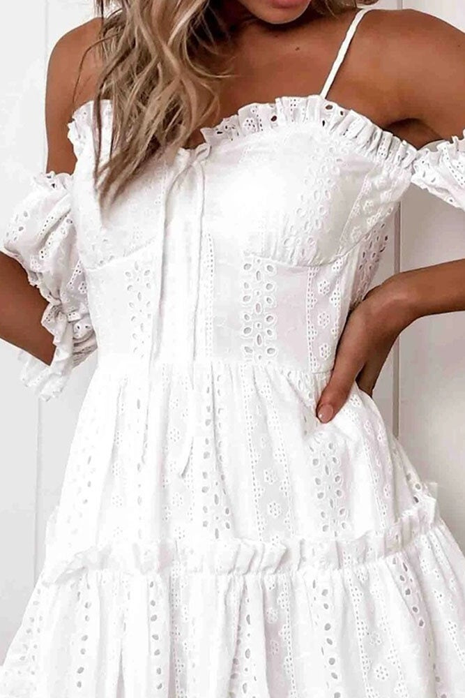 Eyelet Embroidered Ruffle Spaghetti Strap Summer Mini Dress Ins street