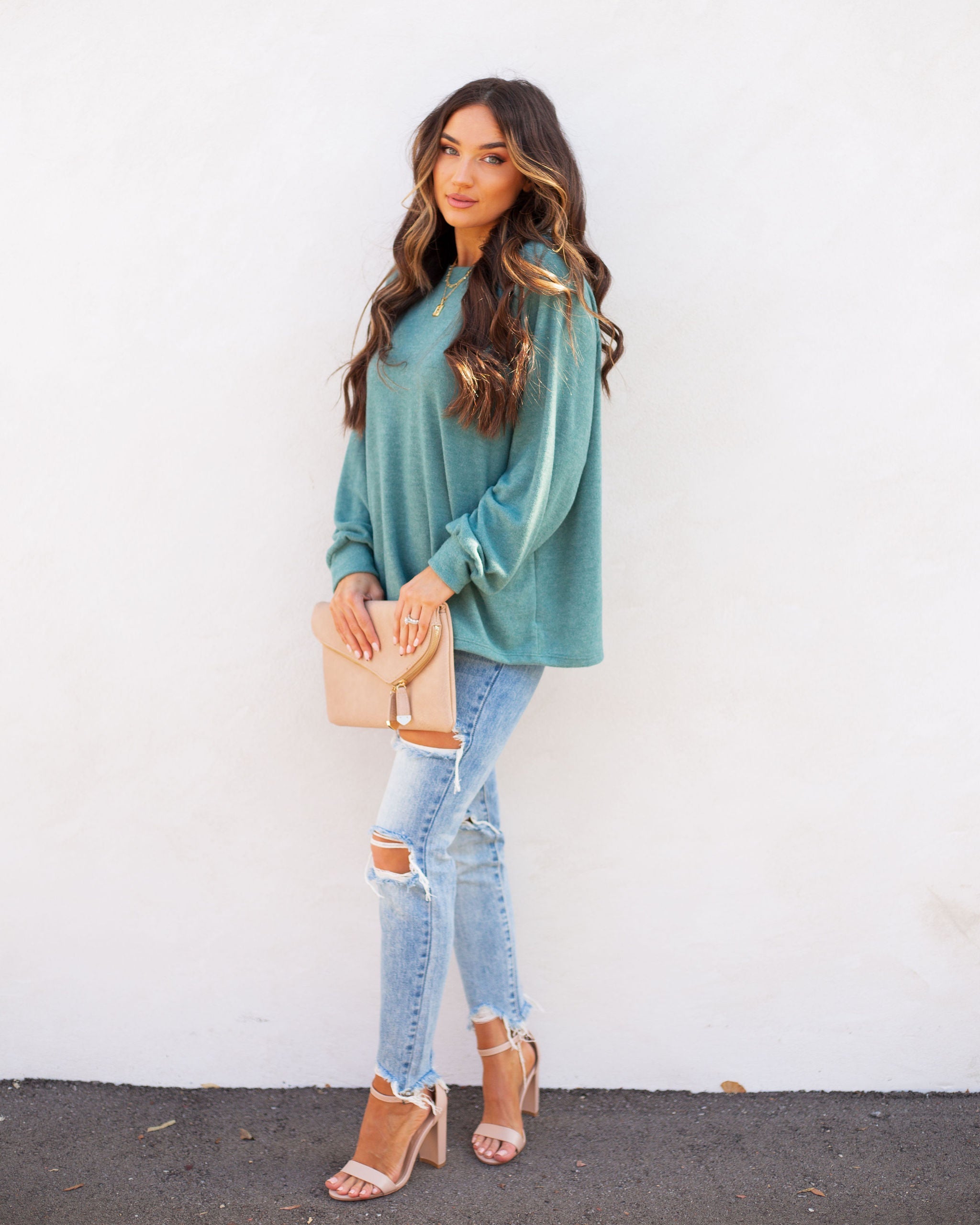 Quinley Knit Raglan Top - Sea Green Ins Street