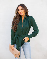 Under The Mistletoe Satin Button Down Tie Blouse ON T-001