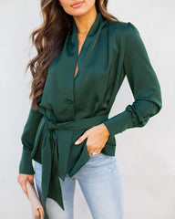 Under The Mistletoe Satin Button Down Tie Blouse ON T-001